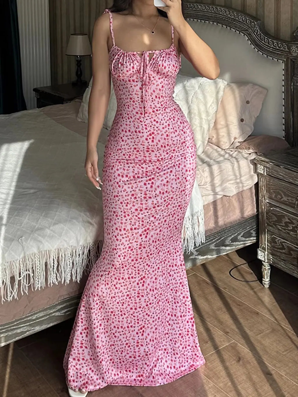 2025 Summer Floral Midi Dress Women Spaghetti Strap Tie-up V-neck Split Dress Sexy Vintage Elegant Dresses Female