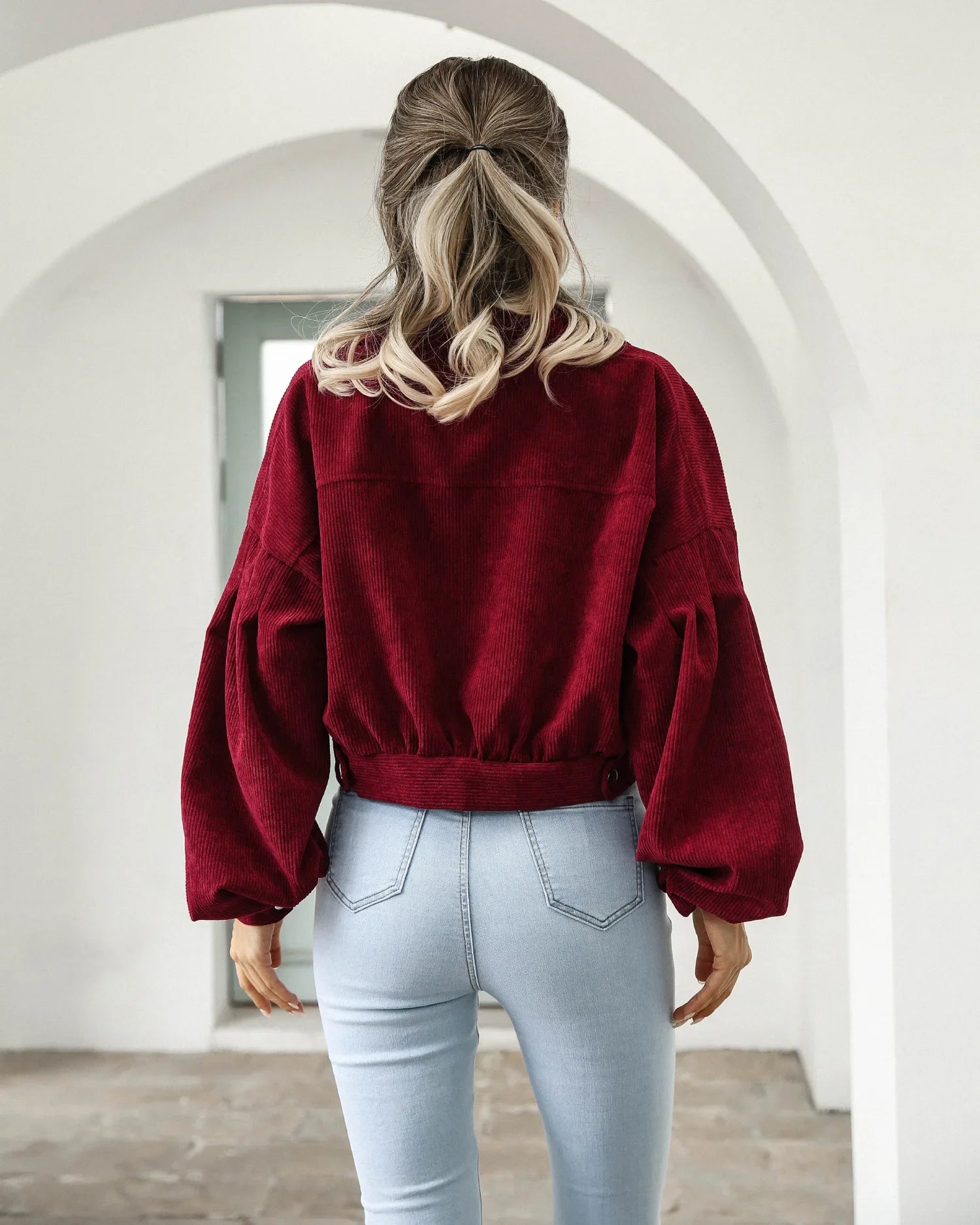 New Autumn Winter Jackets for Women Lantern Sleeve Tops Cropped Bomber Jacket Overcoat Outwear clothes Corduroy Coat 18047