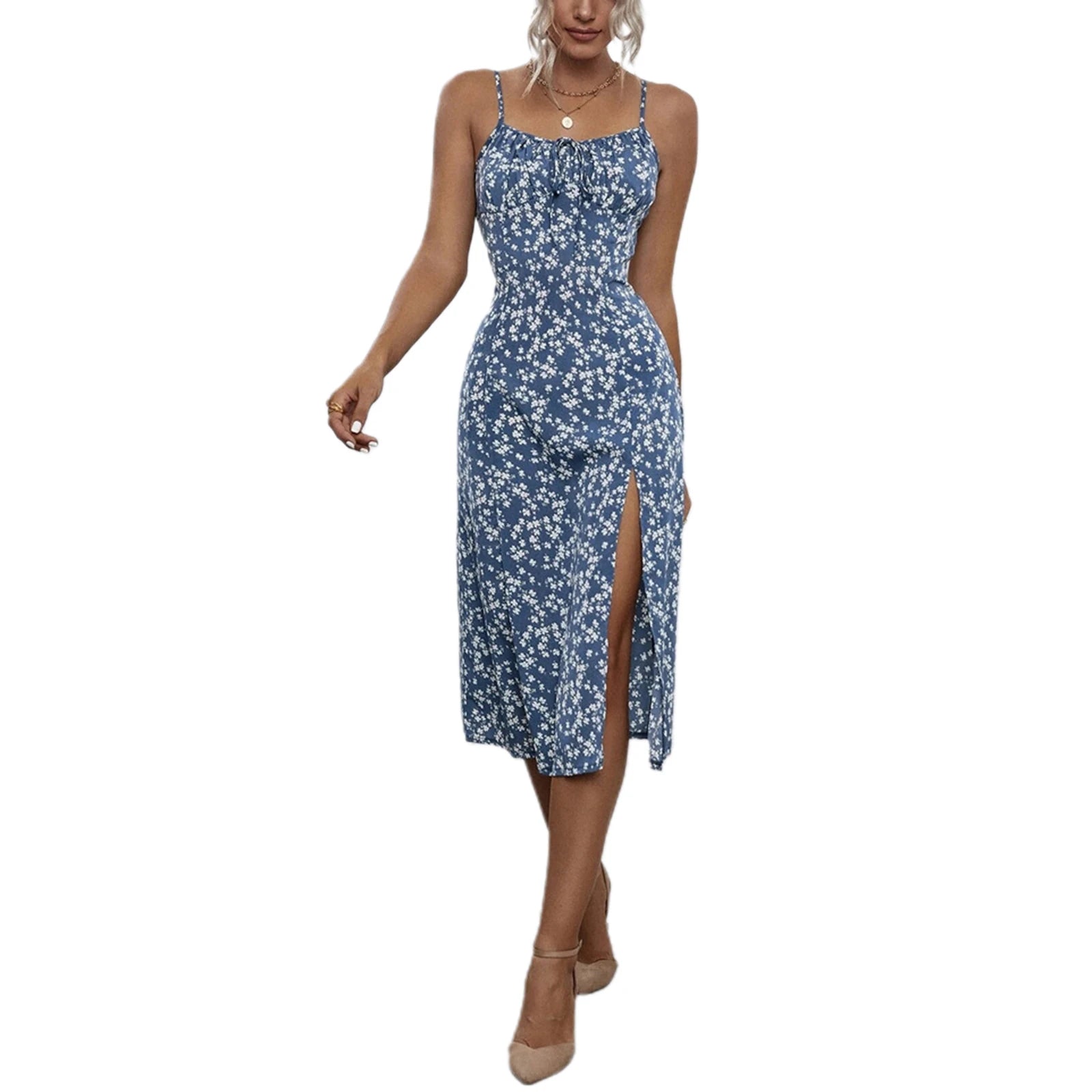 Women's Clothing Summer 2026 Trend Floral Dress, Flower Print Spaghetti Strap Sleeveless  with High Slit for Ladies