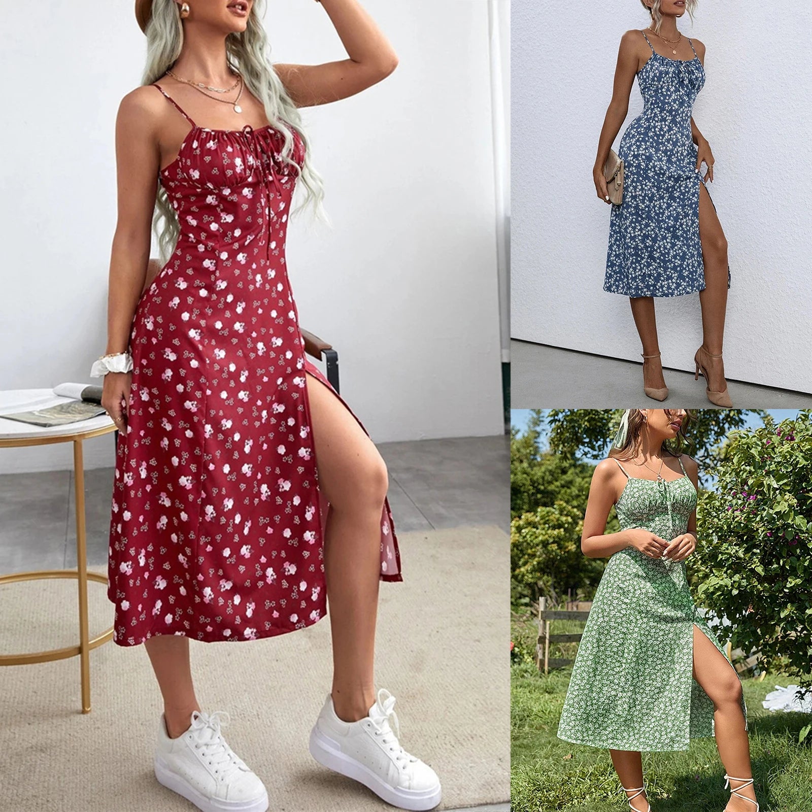 Women's Clothing Summer 2026 Trend Floral Dress, Flower Print Spaghetti Strap Sleeveless  with High Slit for Ladies