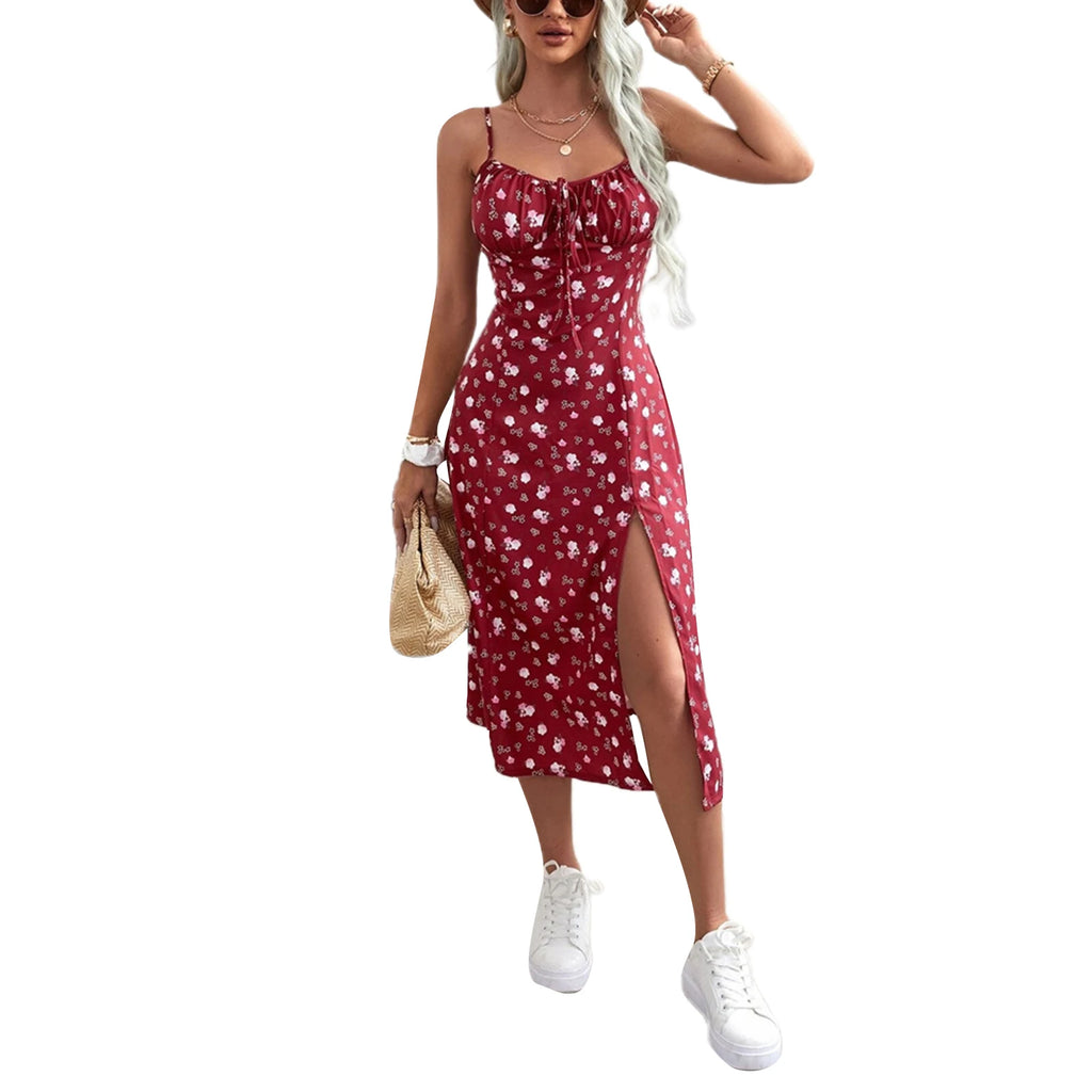 Women's Clothing Summer 2026 Trend Floral Dress, Flower Print Spaghetti Strap Sleeveless  with High Slit for Ladies