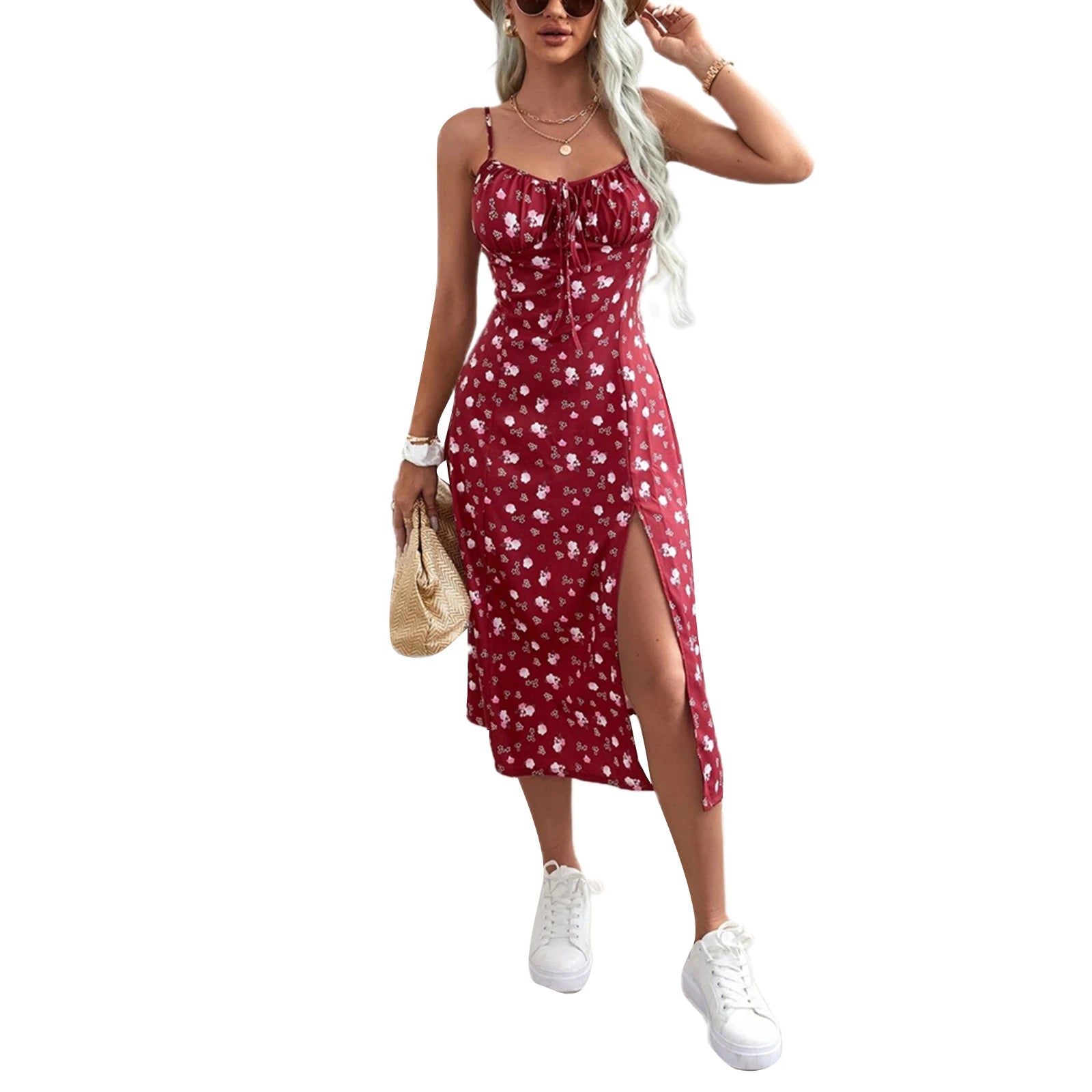 Women's Clothing Summer 2026 Trend Floral Dress, Flower Print Spaghetti Strap Sleeveless  with High Slit for Ladies