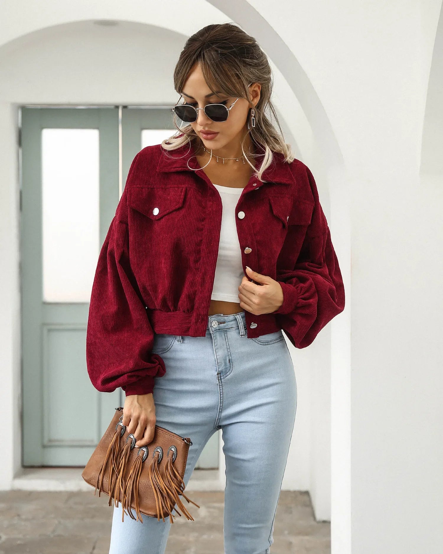 New Autumn Winter Jackets for Women Lantern Sleeve Tops Cropped Bomber Jacket Overcoat Outwear clothes Corduroy Coat 18047