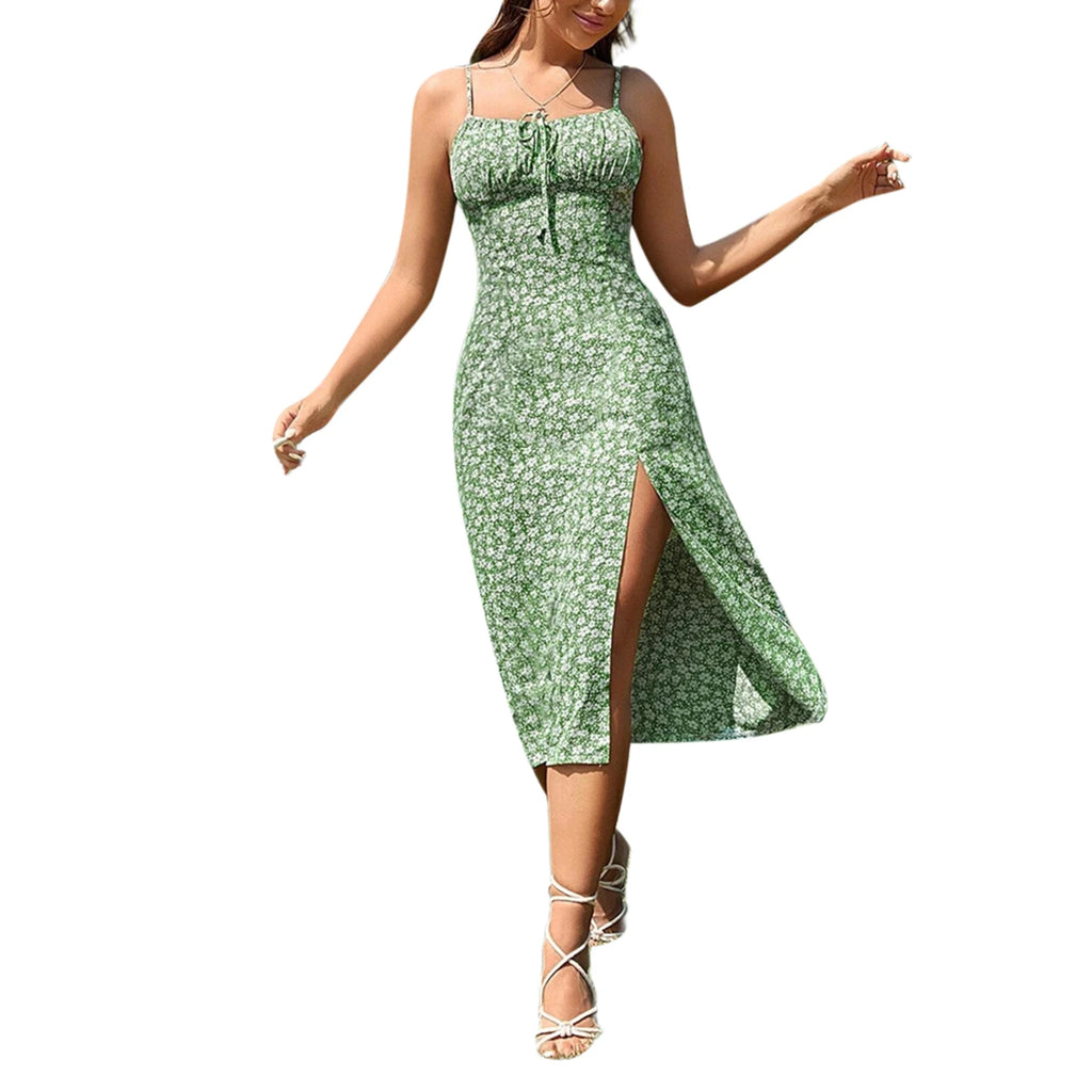 Women's Clothing Summer 2026 Trend Floral Dress, Flower Print Spaghetti Strap Sleeveless  with High Slit for Ladies