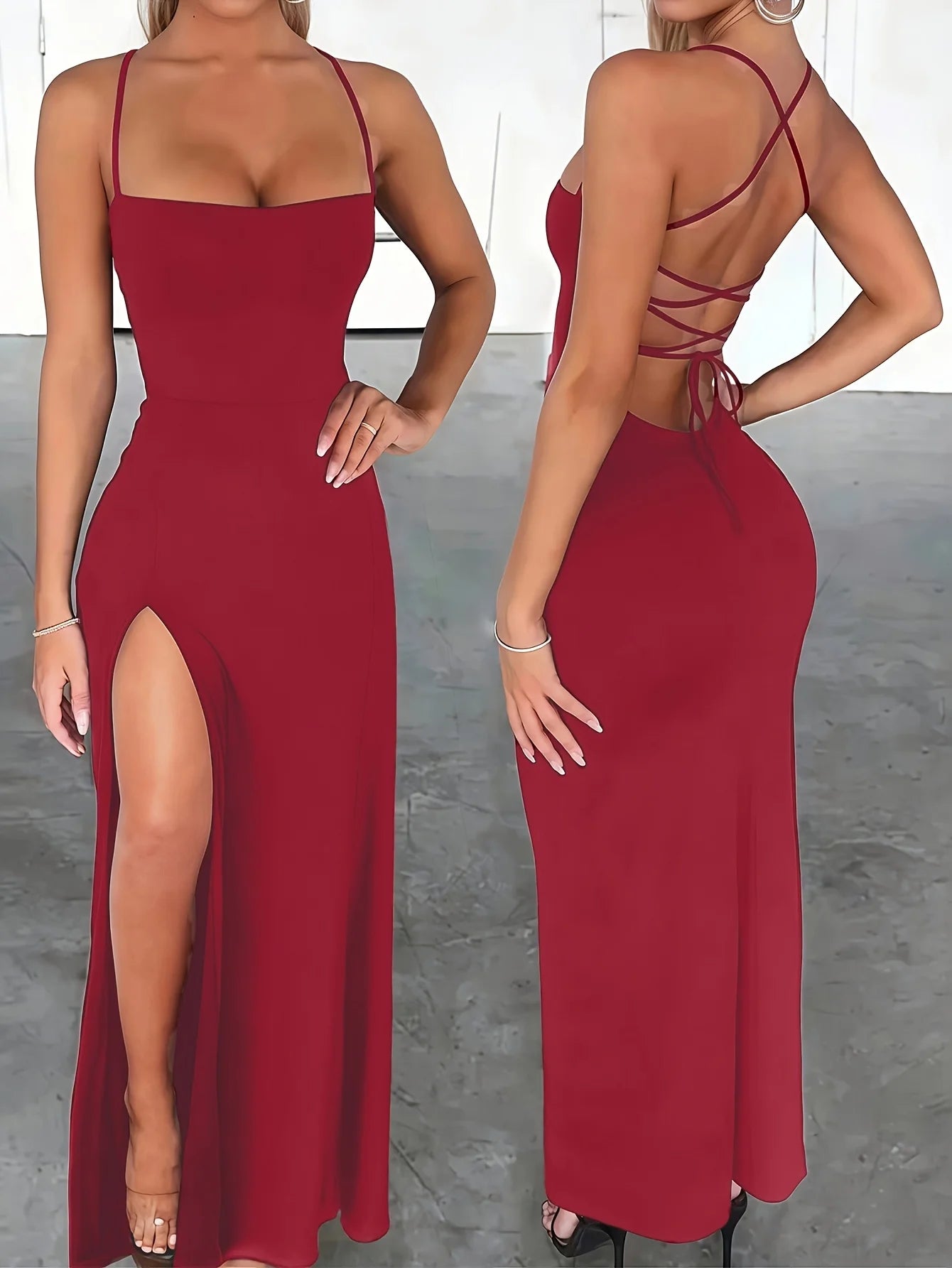 Women's slim-fit sexy high-slit cross-strap tie long dress, backless with strap design
