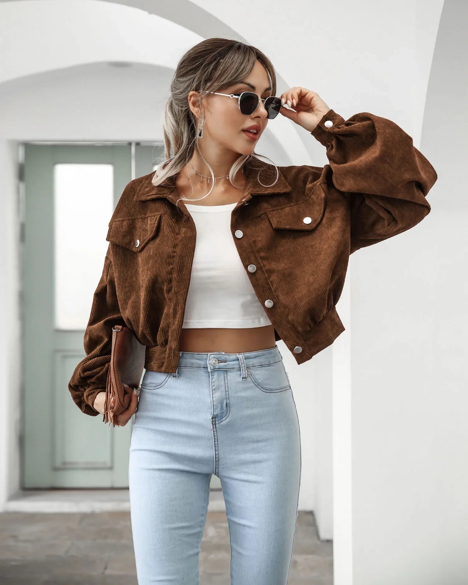New Autumn Winter Jackets for Women Lantern Sleeve Tops Cropped Bomber Jacket Overcoat Outwear clothes Corduroy Coat 18047