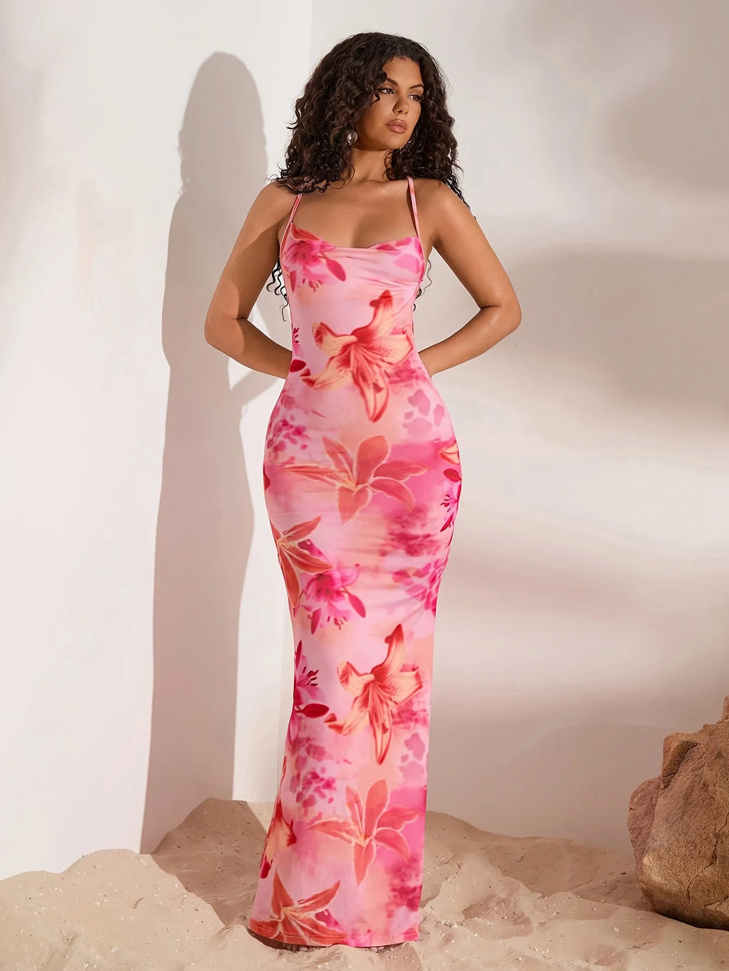 Women's Elegant Off-Shoulder Single-Shoulder Mermaid Dress, Pink Floral Print, Sleeveless A-Line Silhouette, Round Neck, Machine