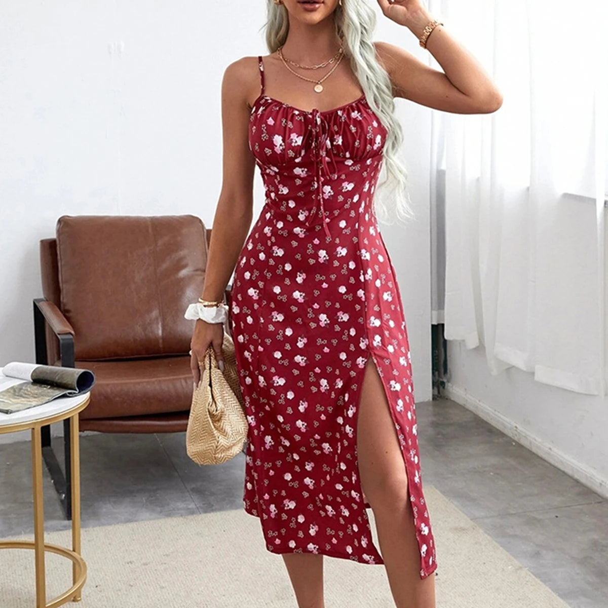 Women's Clothing Summer 2026 Trend Floral Dress, Flower Print Spaghetti Strap Sleeveless  with High Slit for Ladies