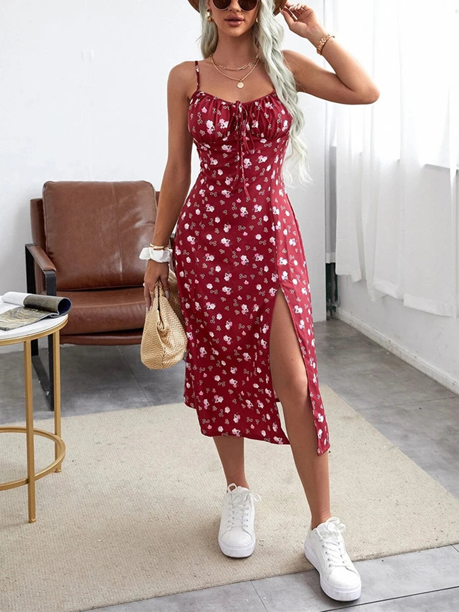 Women's Clothing Summer 2026 Trend Floral Dress, Flower Print Spaghetti Strap Sleeveless  with High Slit for Ladies