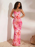 Women's Elegant Off-Shoulder Single-Shoulder Mermaid Dress, Pink Floral Print, Sleeveless A-Line Silhouette, Round Neck, Machine