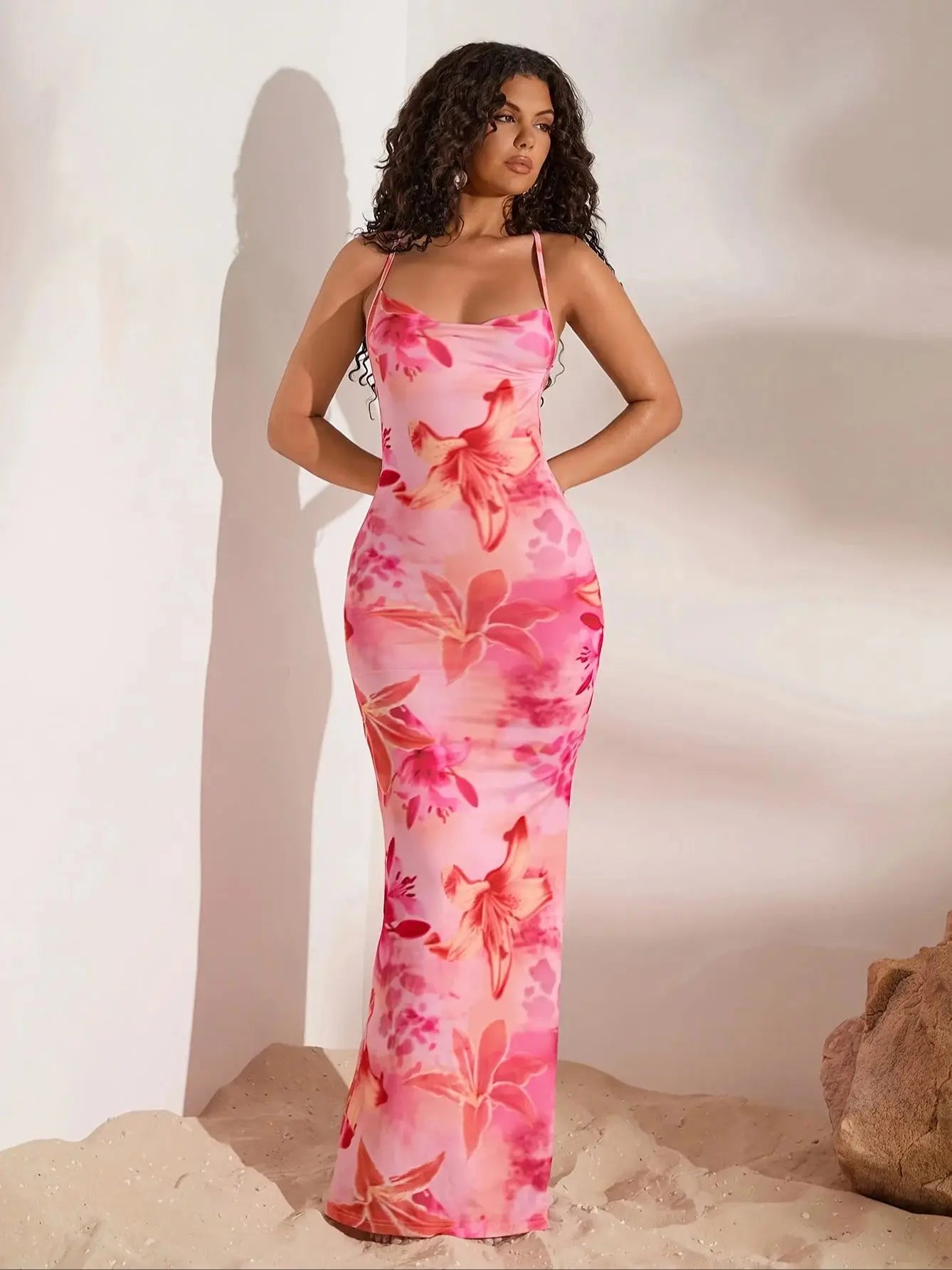Women's Elegant Off-Shoulder Single-Shoulder Mermaid Dress, Pink Floral Print, Sleeveless A-Line Silhouette, Round Neck, Machine