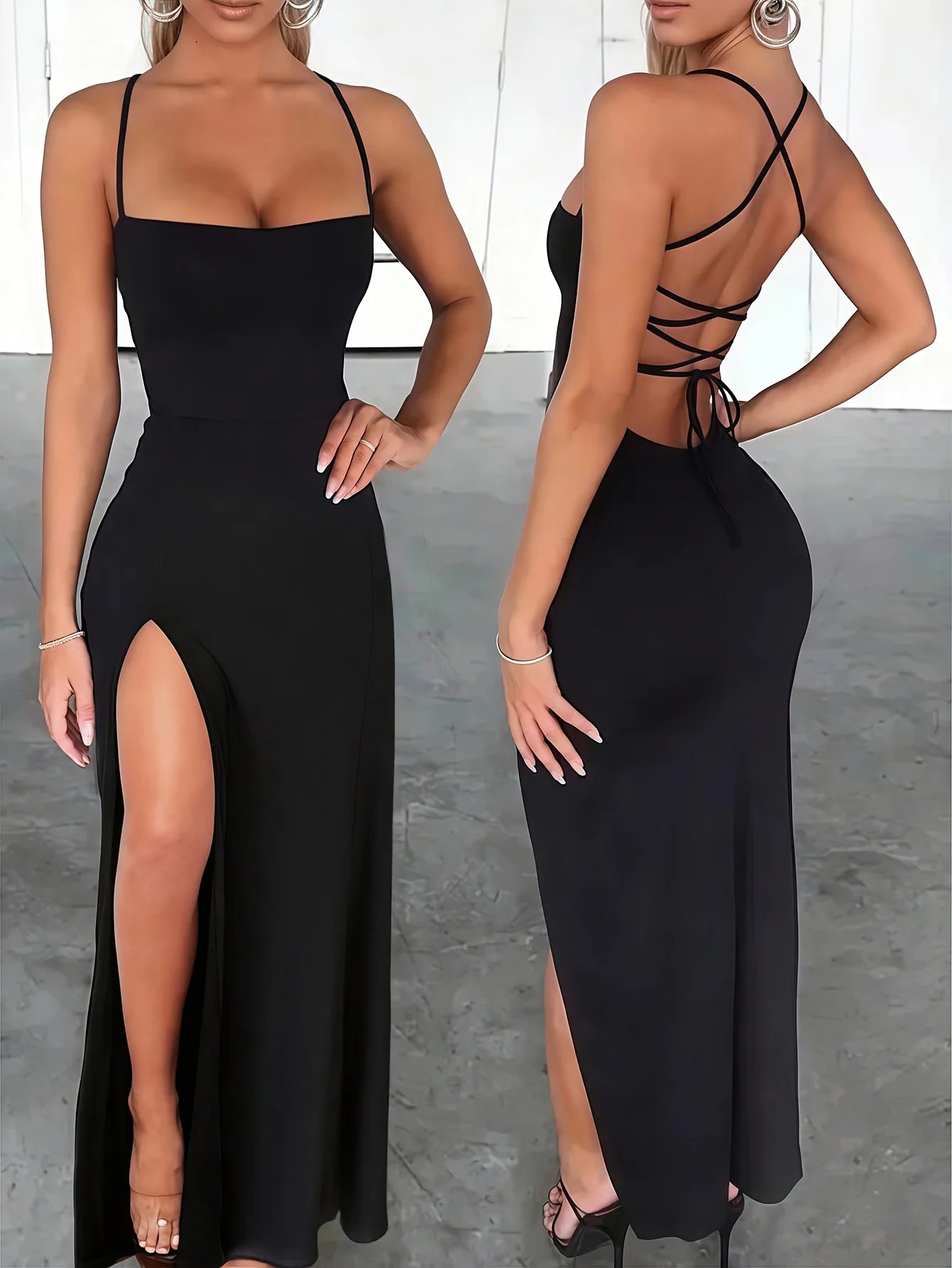Women's slim-fit sexy high-slit cross-strap tie long dress, backless with strap design